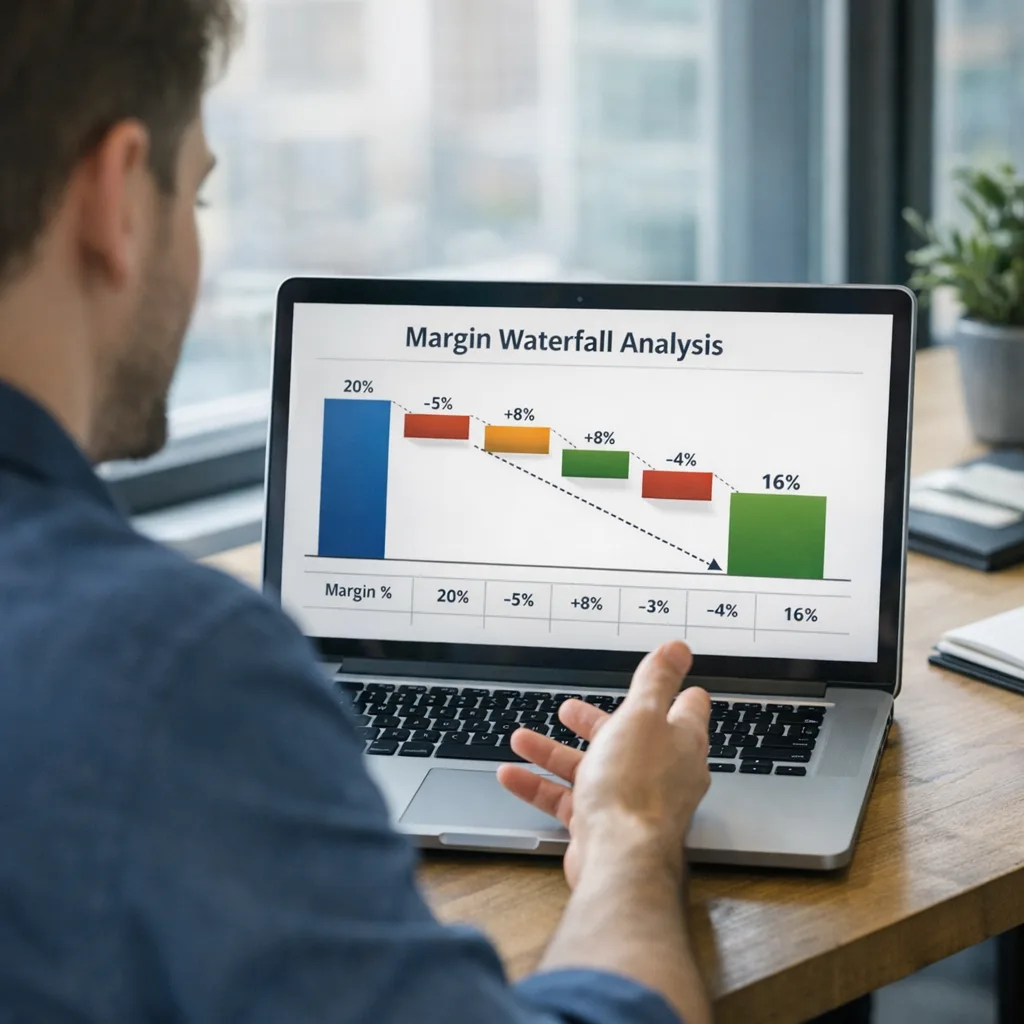 Analyst presenting margin waterfall for app store fees