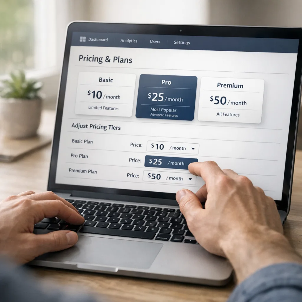 Developer updates app pricing and tiers on a laptop