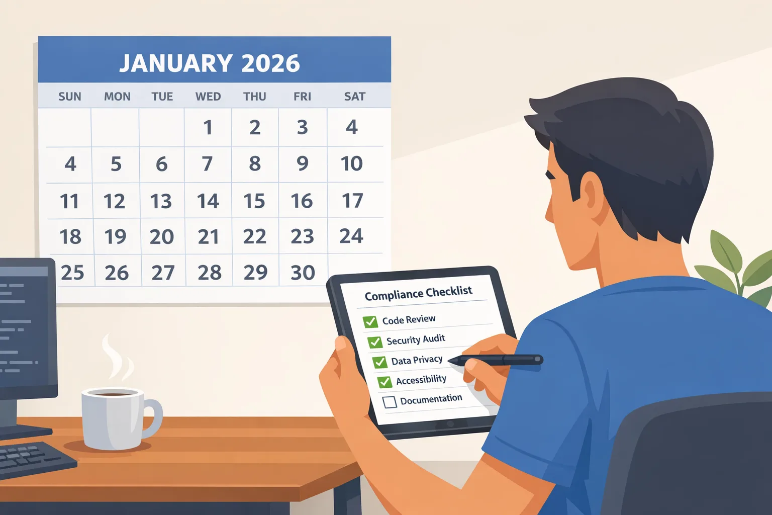 Developer reviewing January 2026 mobile store compliance checklist