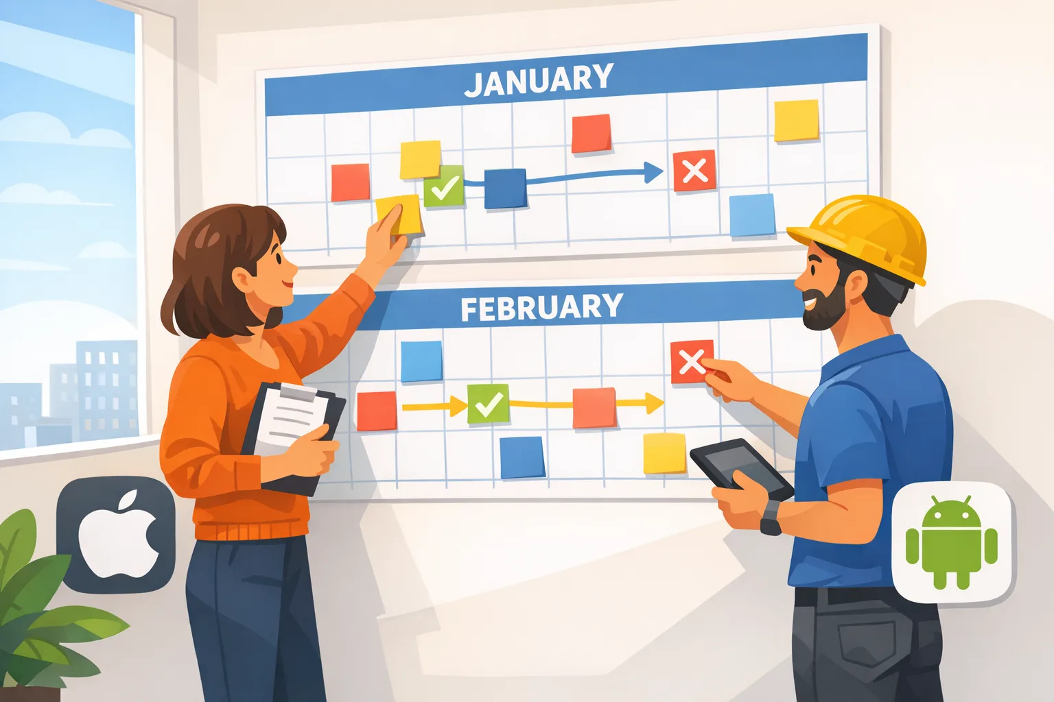 Illustration of a team planning January&ndash;February app policy deadlines