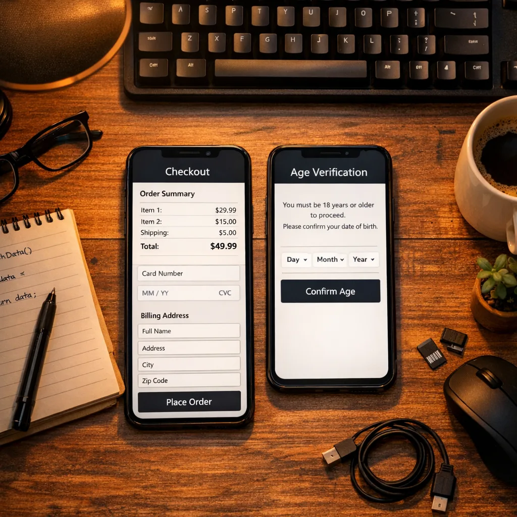 Two phones testing checkout and age consent flows