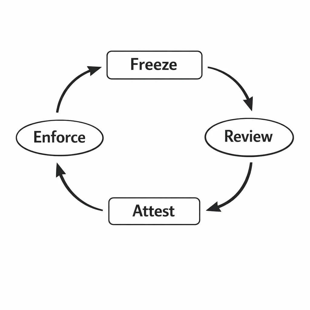 Four-step FRAME loop: Freeze, Review, Attest, Enforce