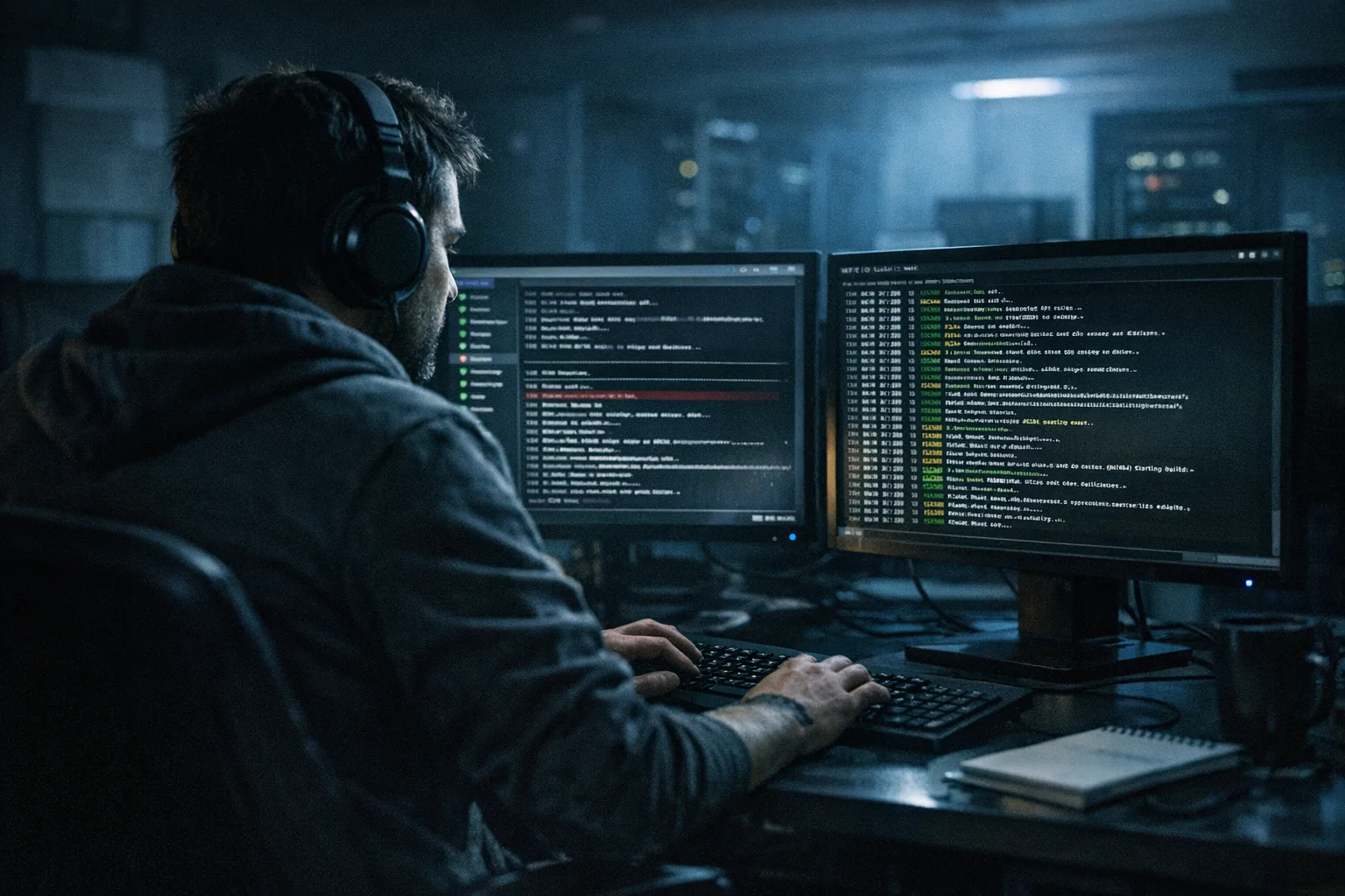 DevOps engineer reviewing CI logs in a secure operations room