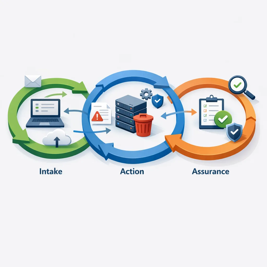 Diagram-style illustration of a three-loop data deletion workflow