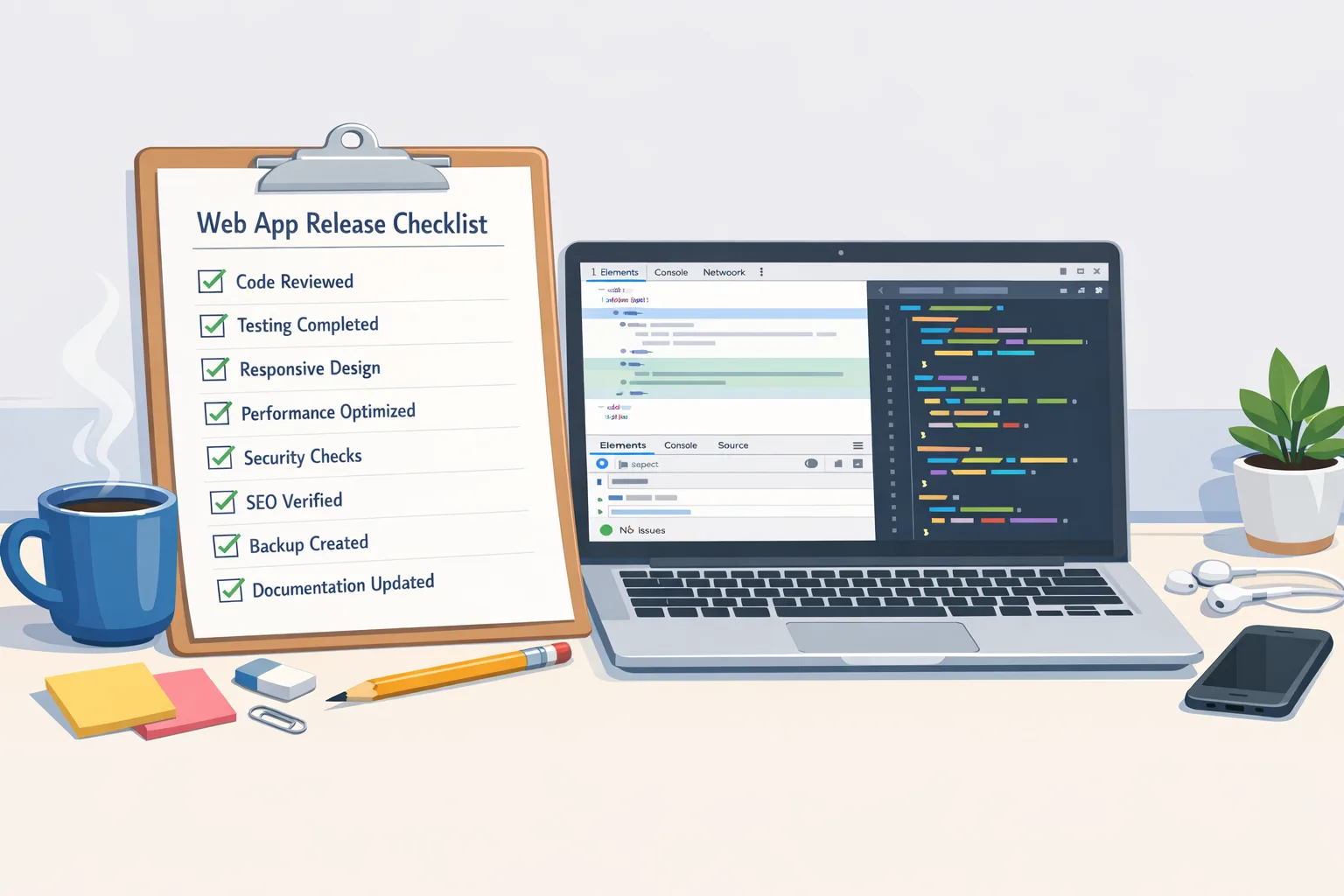 Release checklist next to Chrome DevTools and code editor