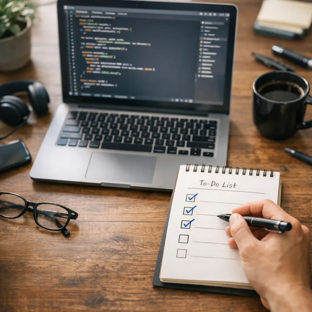 Photo of a developer desk with a visible migration checklist