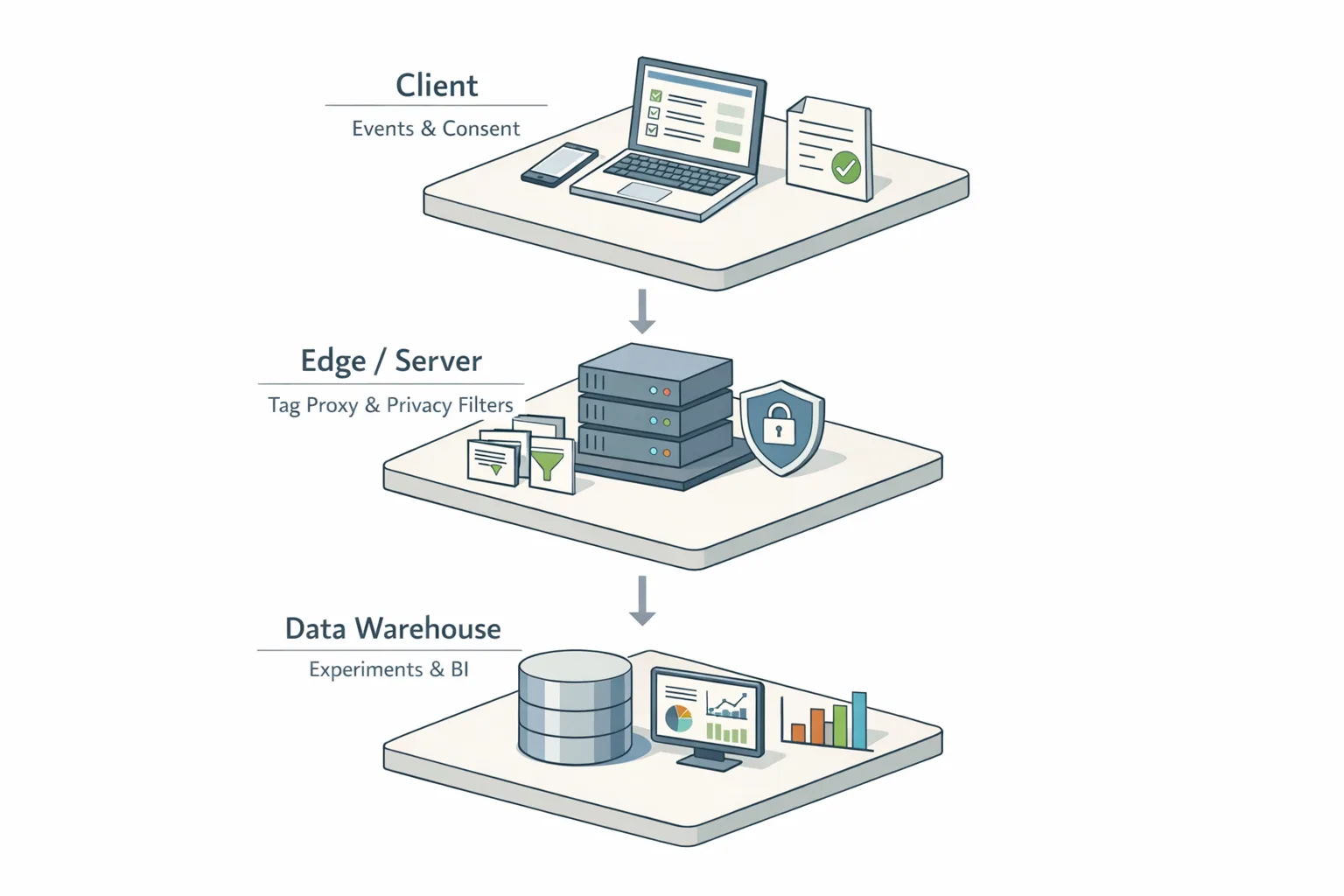 Illustrated three-tier analytics architecture for privacy-resilient measurement
