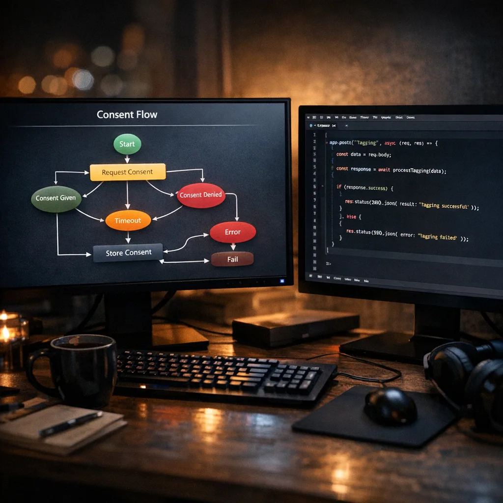 Developer workspace showing consent state machine and server-side tagging code