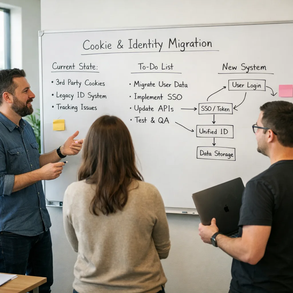 Team whiteboarding a cookie and identity migration plan