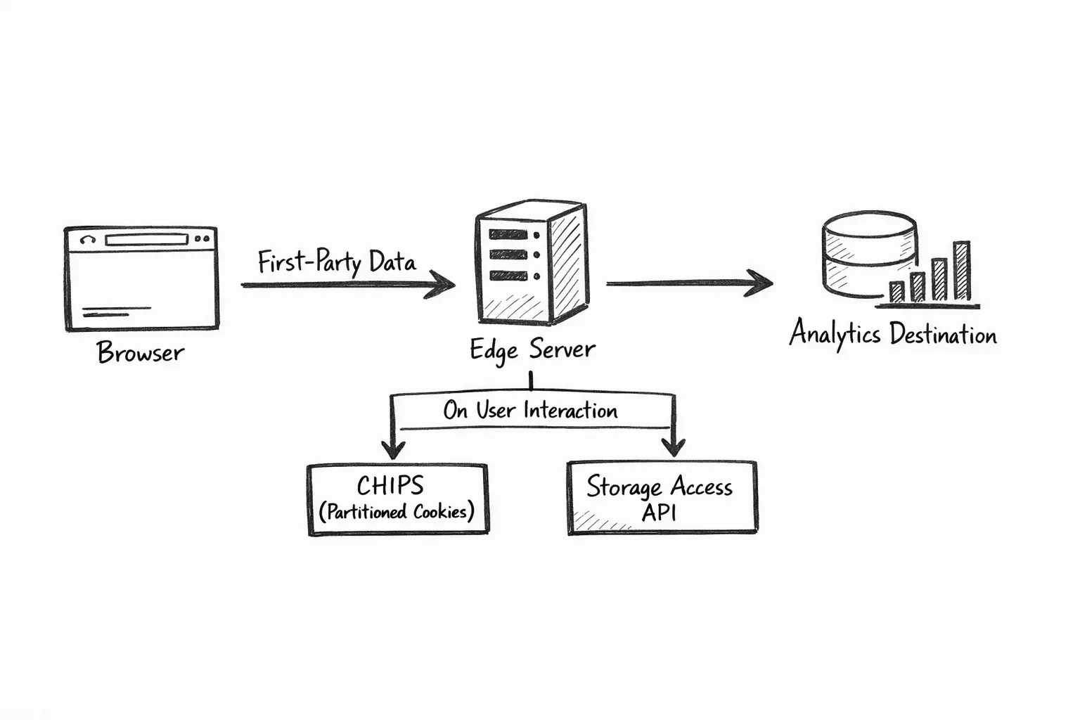Whiteboard diagram of first-party analytics pipeline using CHIPS and Storage Access API