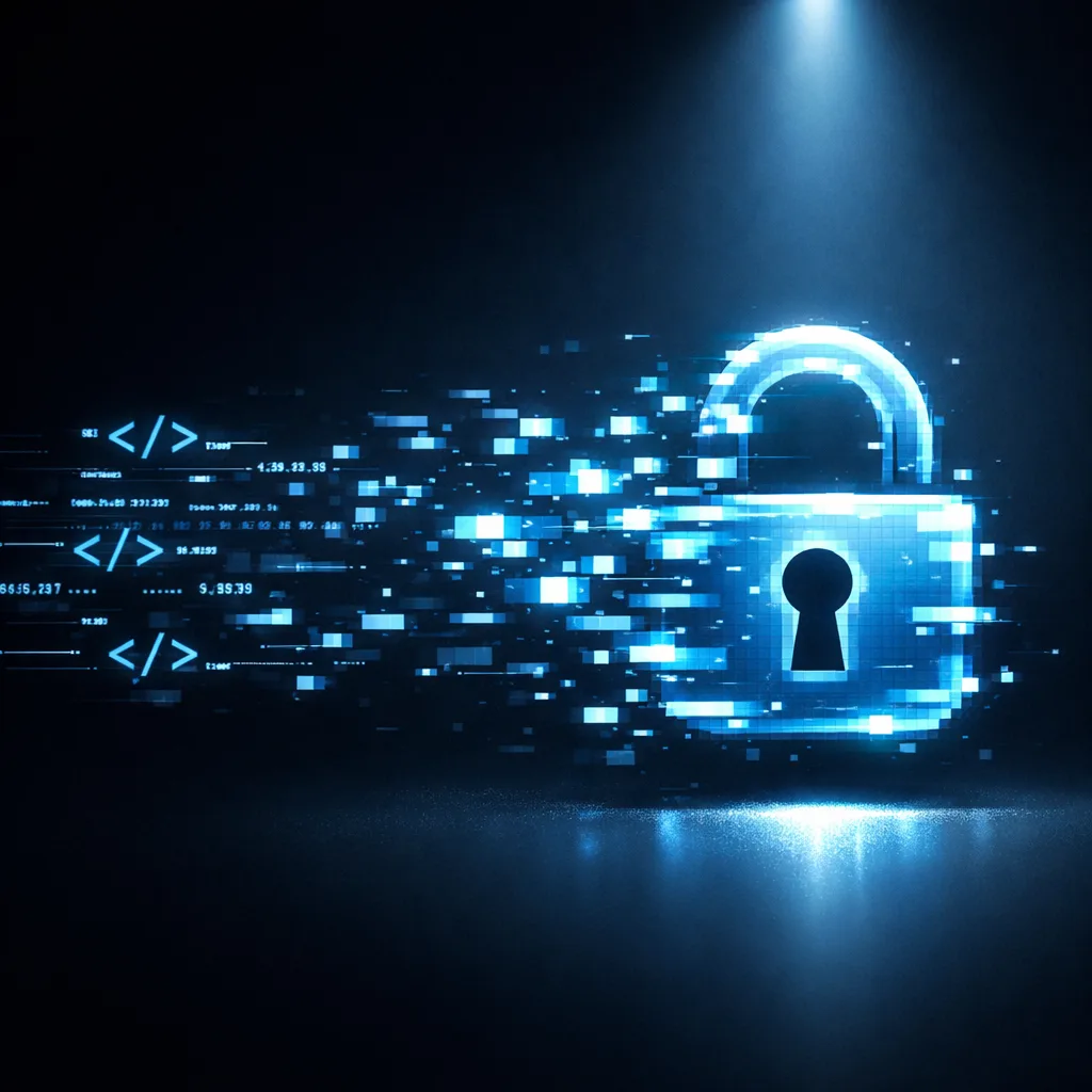 Concept art of web rendering code turning into a secured lock after a patch