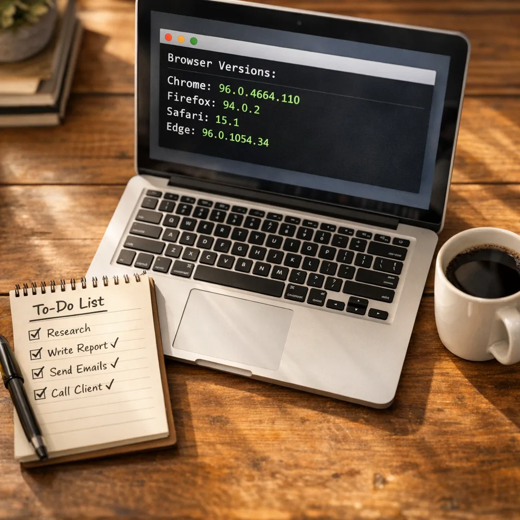Desk setup showing a terminal verifying browser versions next to a completed patch checklist