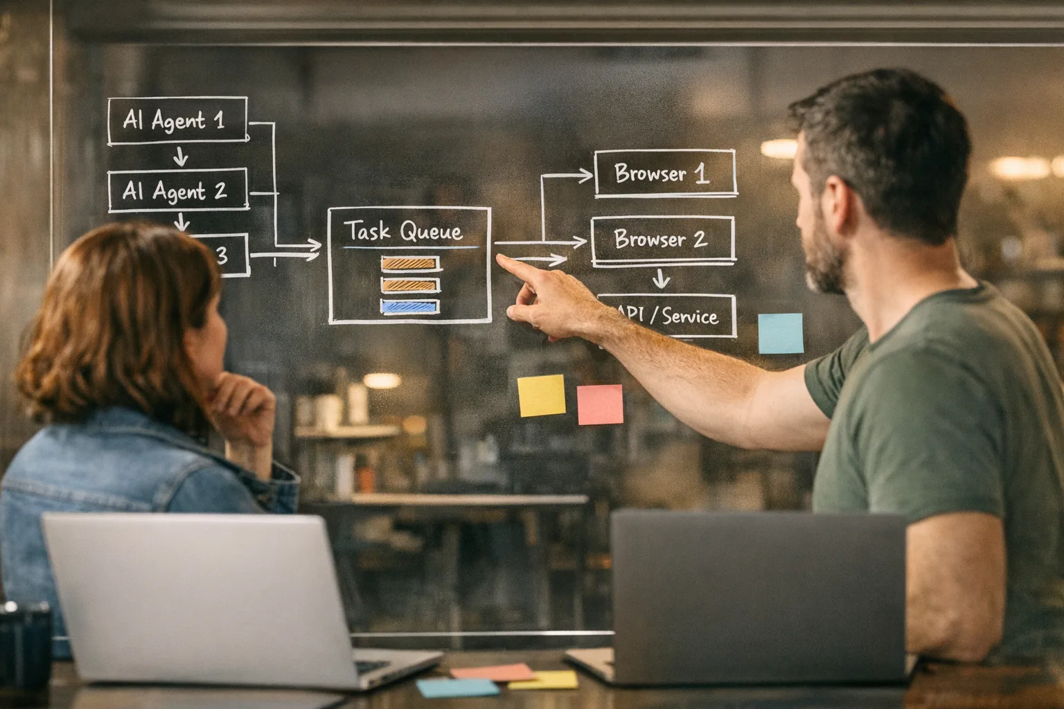 Designers planning an agent architecture with browser automation and queues