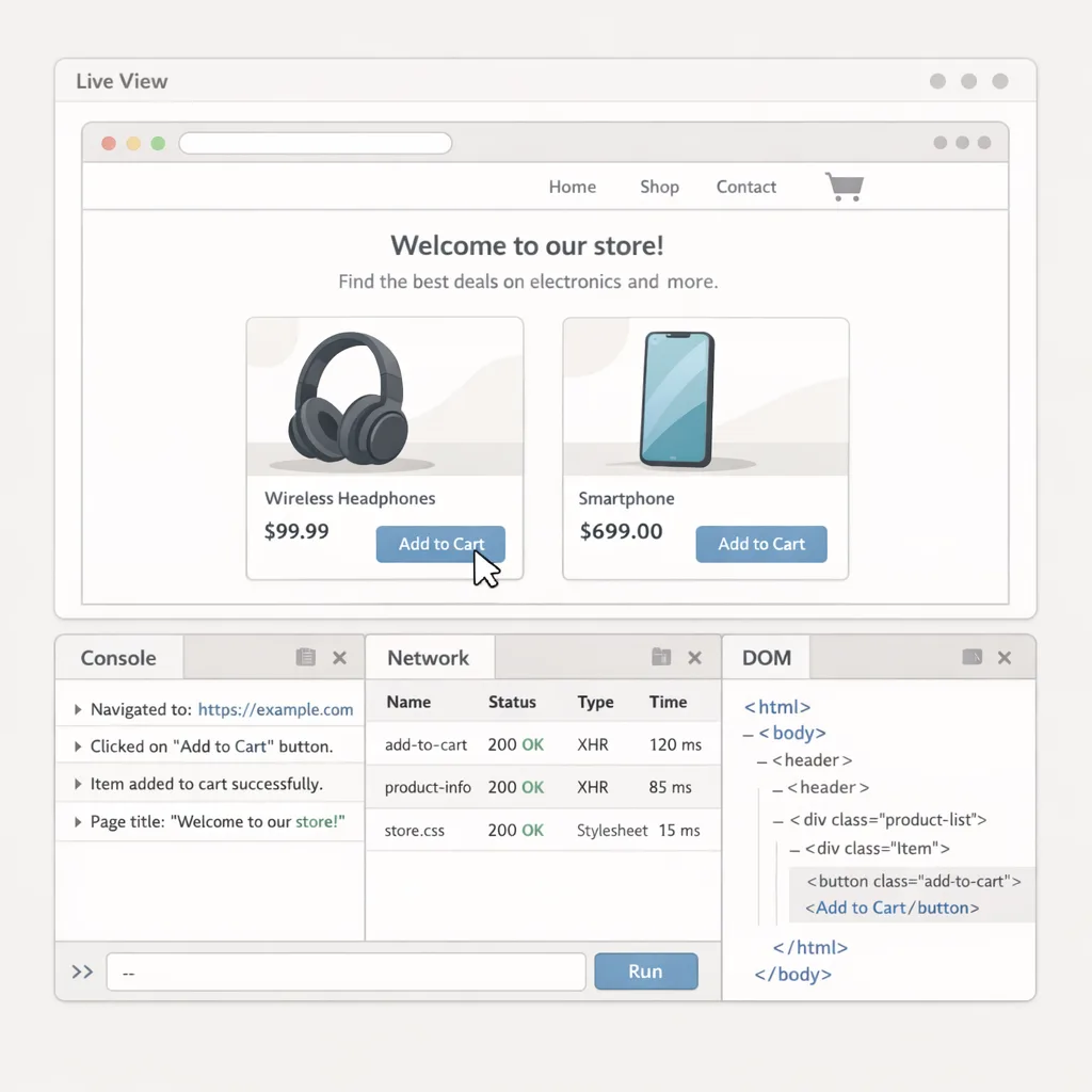 Illustrated live view for browser automation showing DOM and network panels
