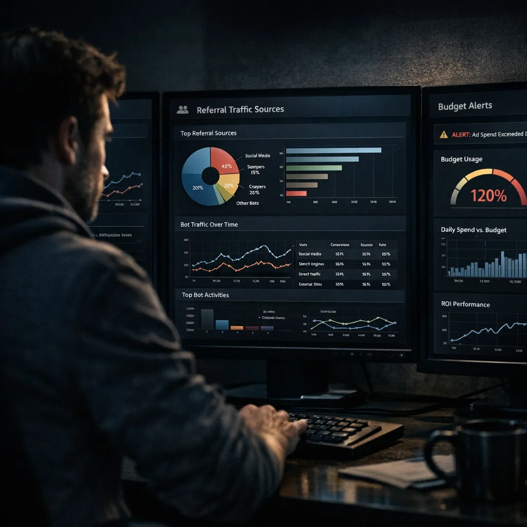 Developer reviewing bot referrals and budget alerts in a monitoring dashboard