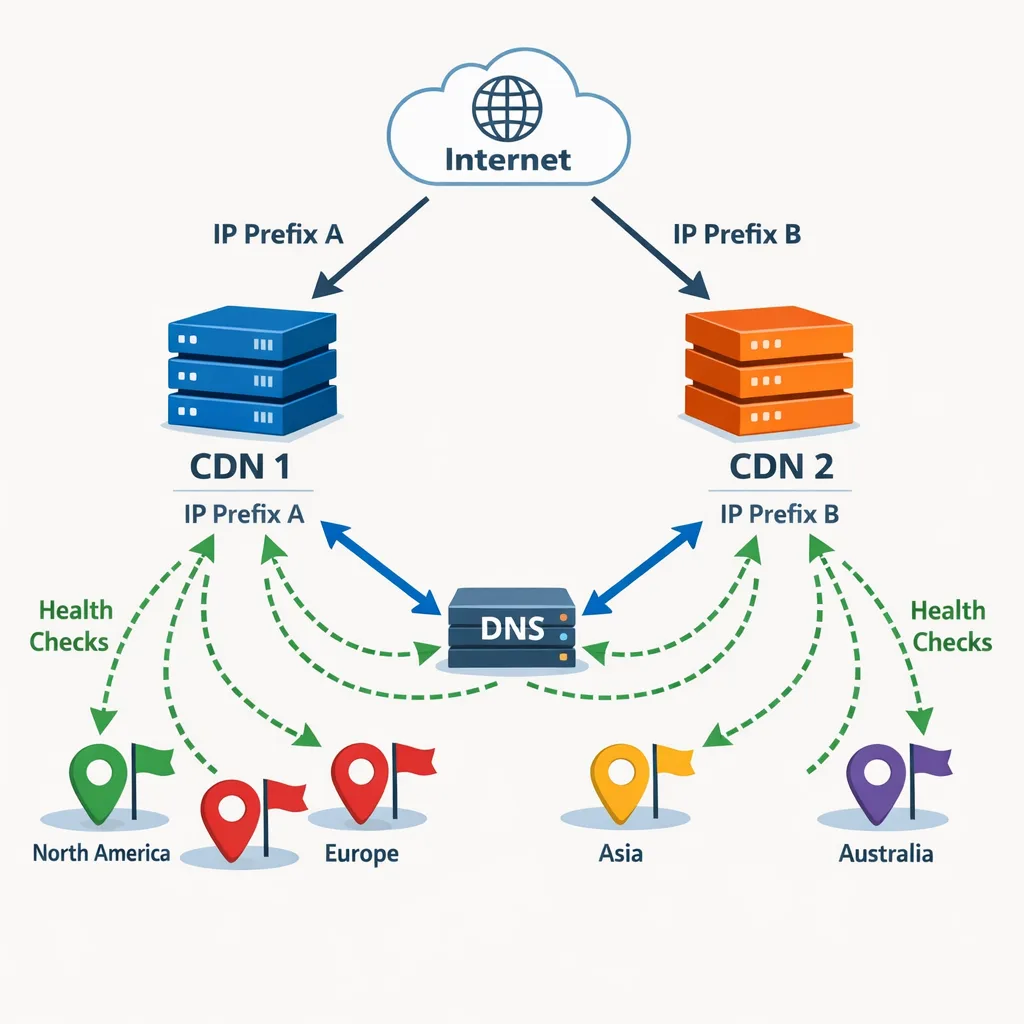 Multi-CDN with distinct prefixes and DNS health steering