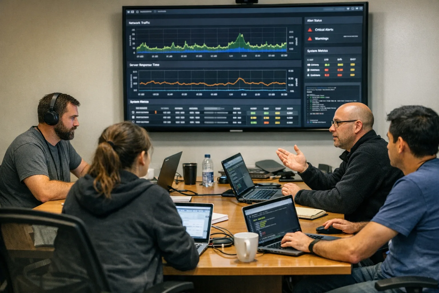 Incident response drill with network graphs on screen