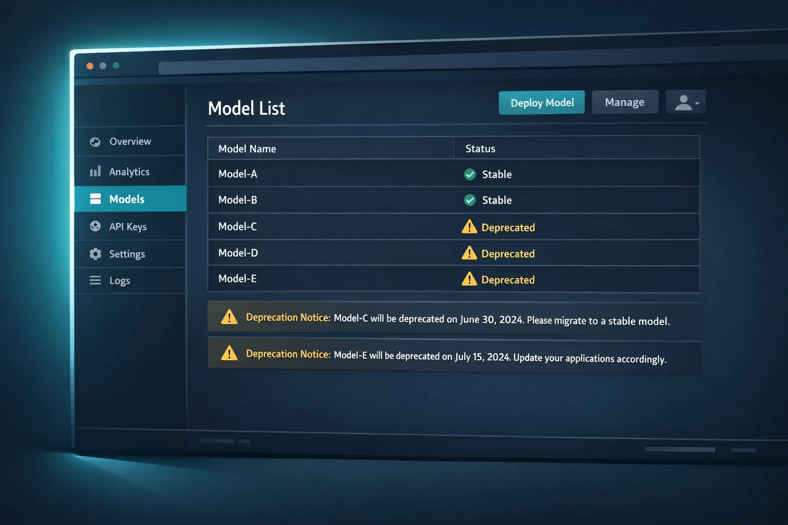 Cloudflare dashboard mock with model deprecation warnings