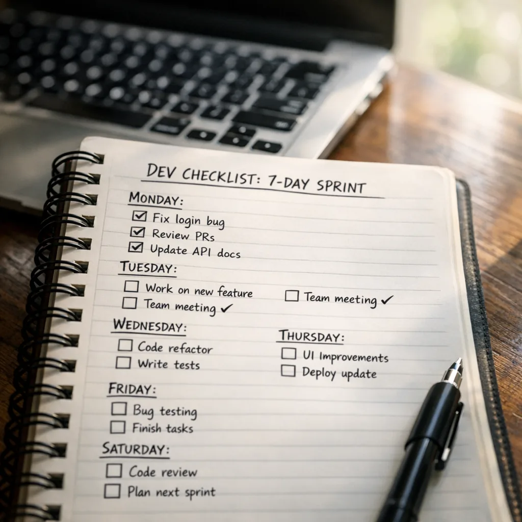 Notebook with a 7-day migration checklist next to a laptop
