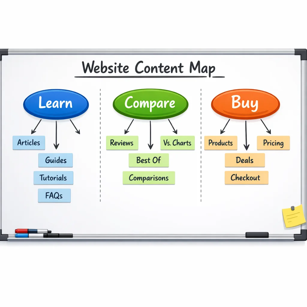 Intent-based content clusters labeled Learn, Compare, Buy on a whiteboard