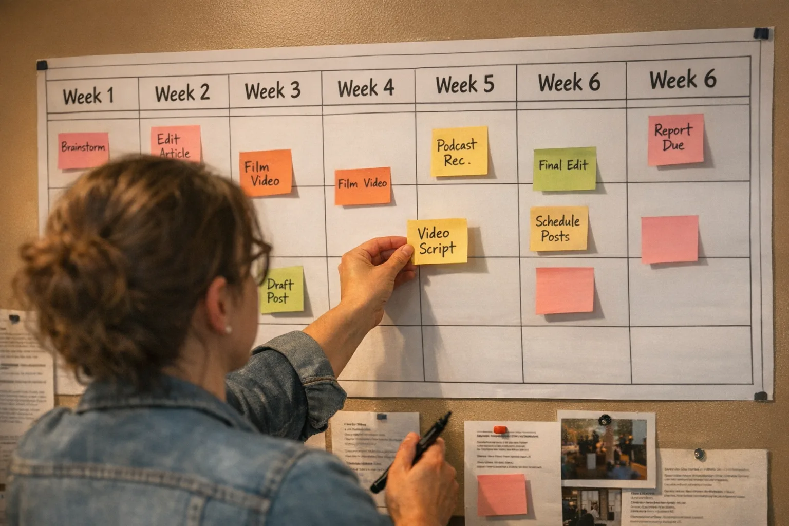 A six-week editorial plan on a wall calendar