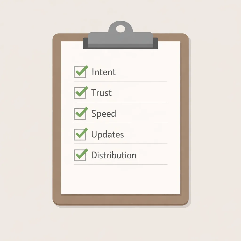 SEO recovery checklist with intent, trust, speed, updates, distribution