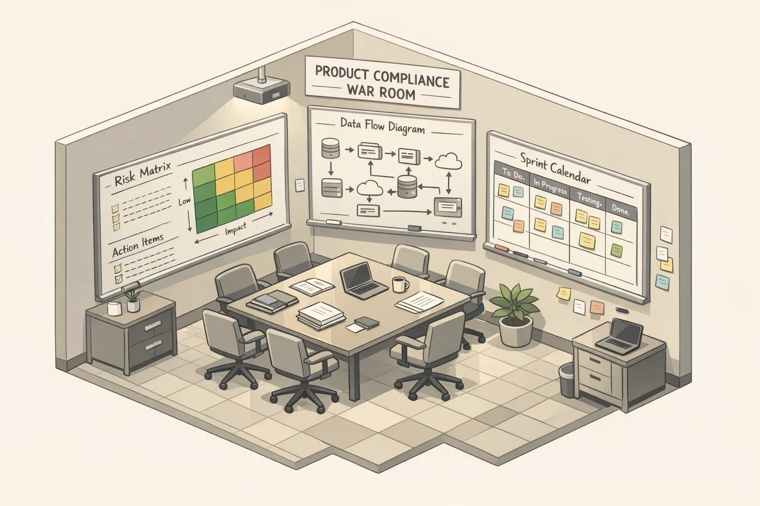 Product team war room with risk matrices and sprint plans for EU AI Act compliance
