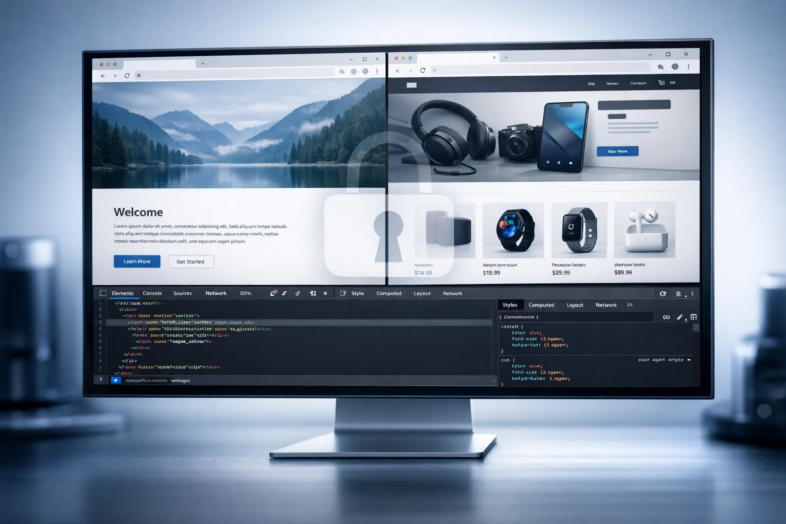 Developer desktop showing split view tabs and devtools in a generic browser UI