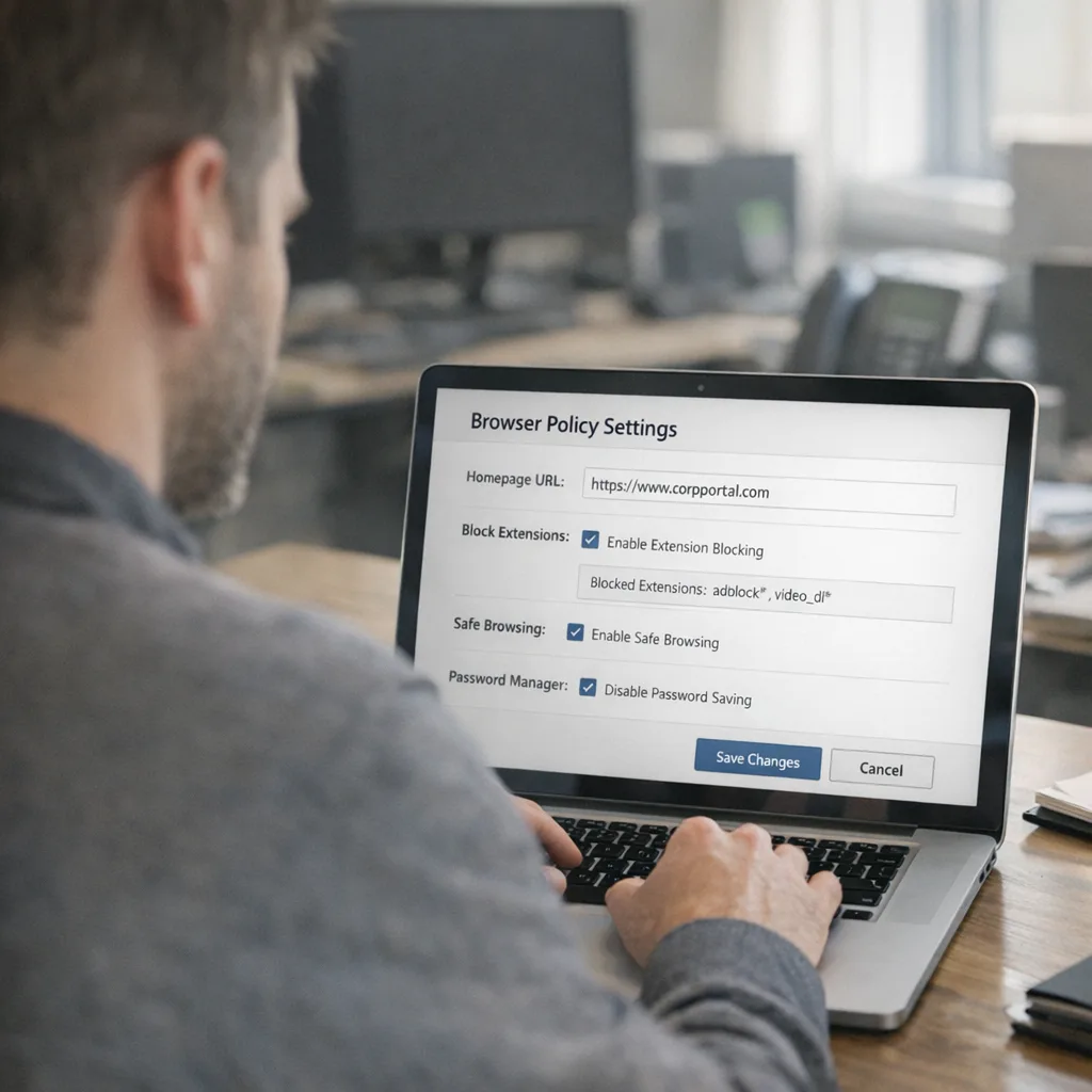 Engineer reviewing enterprise browser policies on a laptop