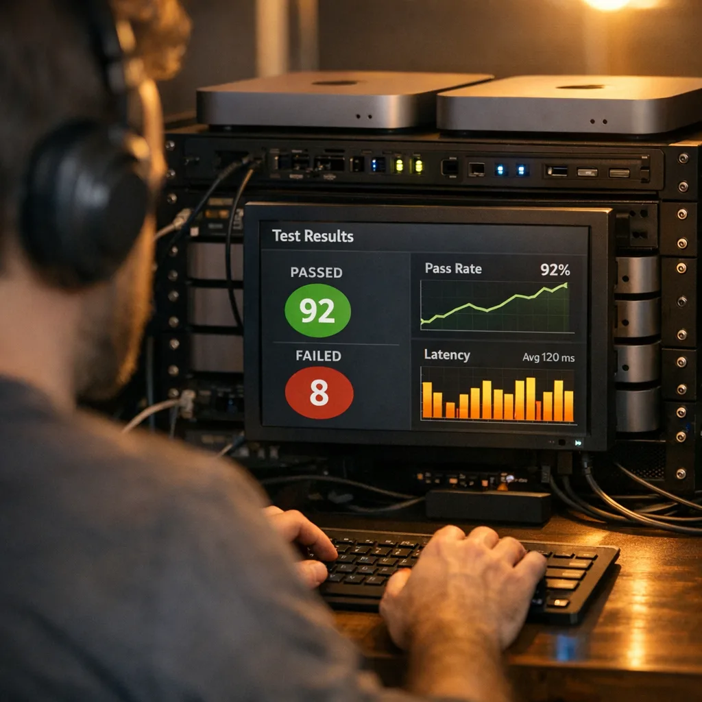 Photo of local Mac mini test rig with AI evaluation dashboard