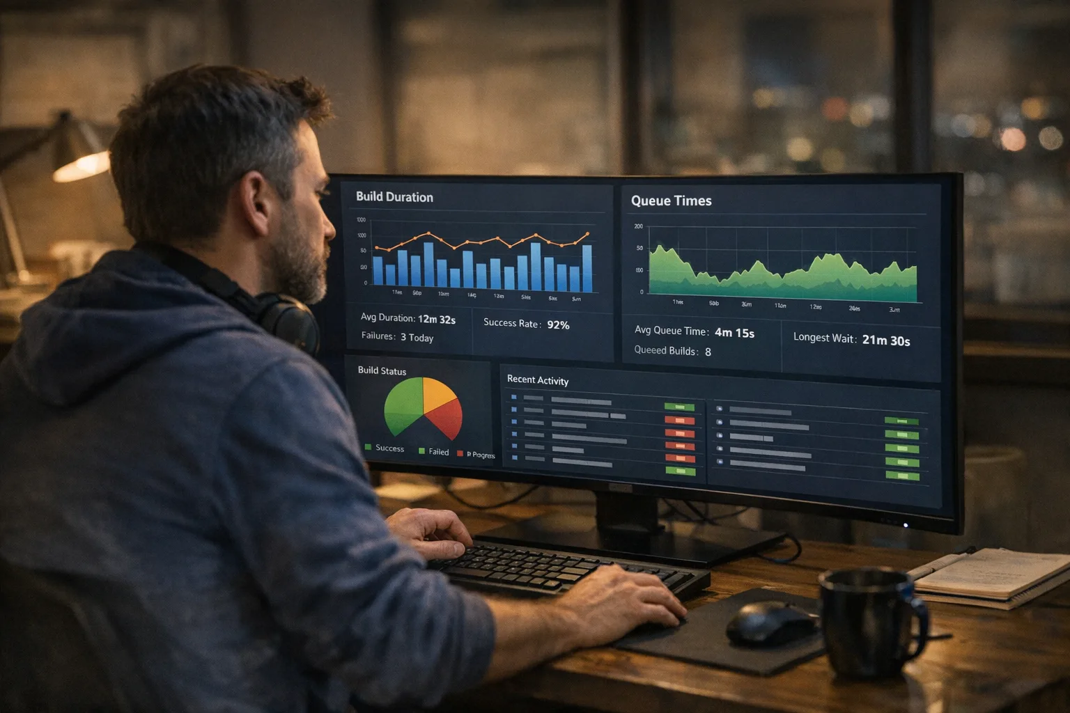 Engineer reviewing CI/CD dashboards for GitHub Actions performance and costs