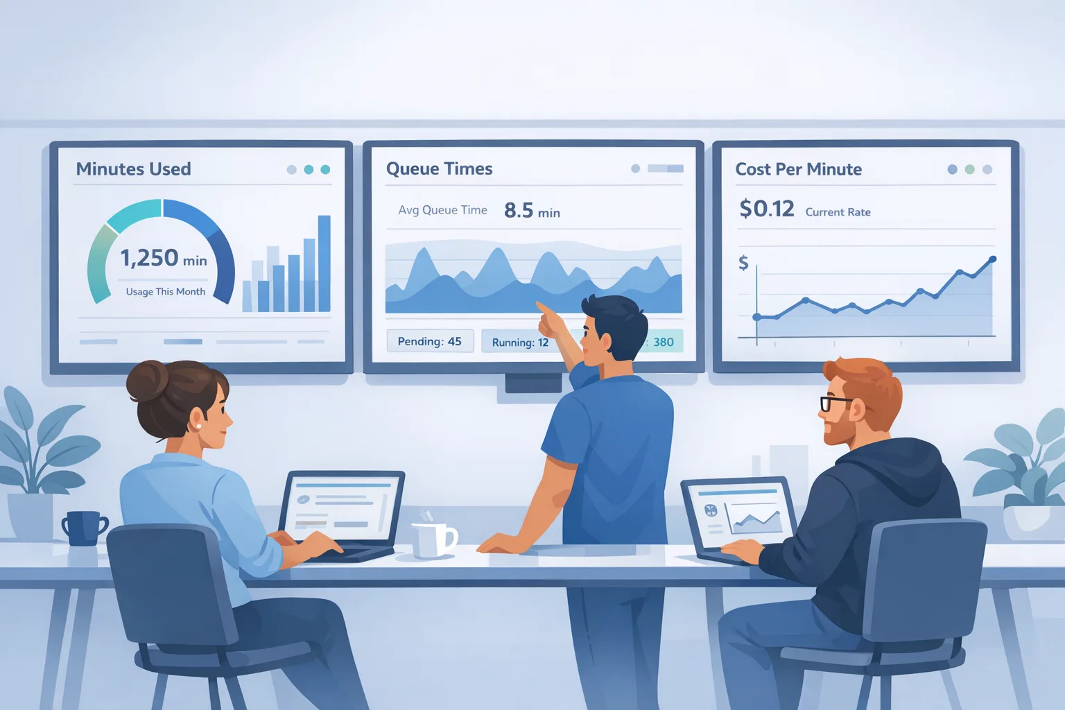 Team reviewing CI/CD dashboards for usage and cost