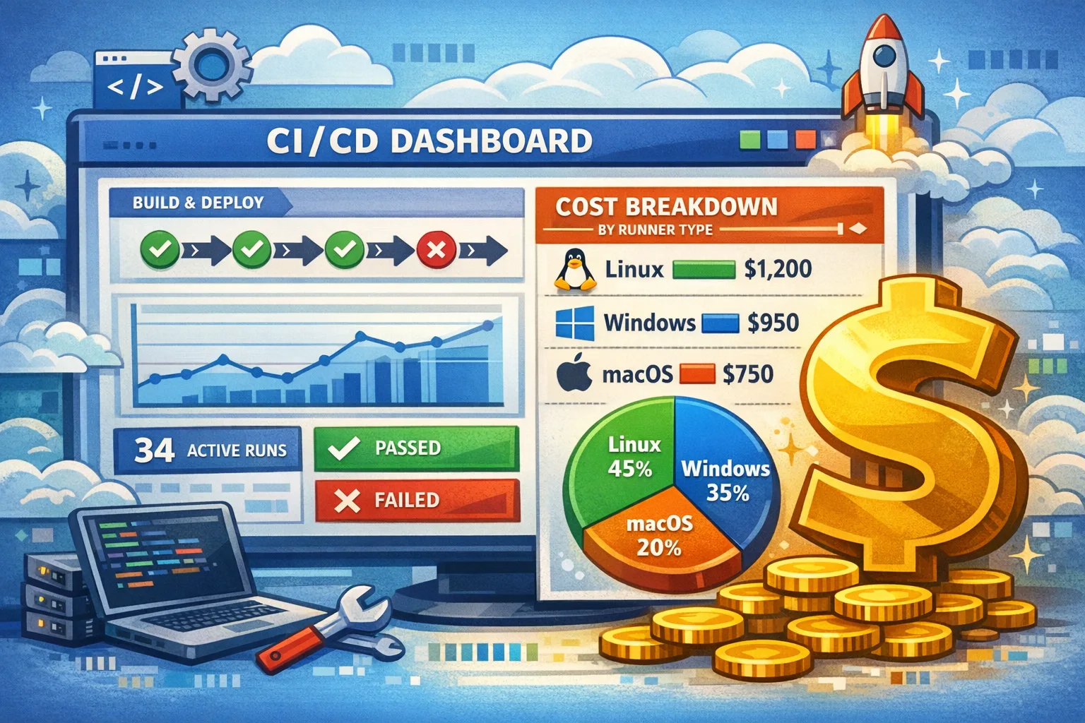 Illustration of CI/CD cost dashboard showing hosted runner price changes