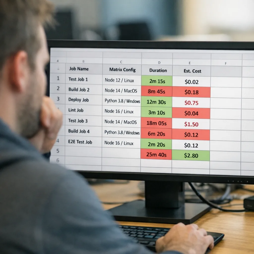 Developer auditing CI/CD usage and cost projections in a spreadsheet