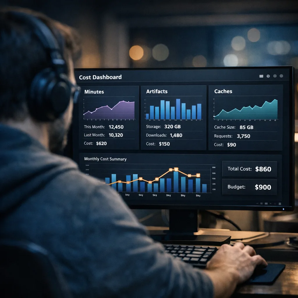 Engineer reviewing CI/CD usage and costs dashboard