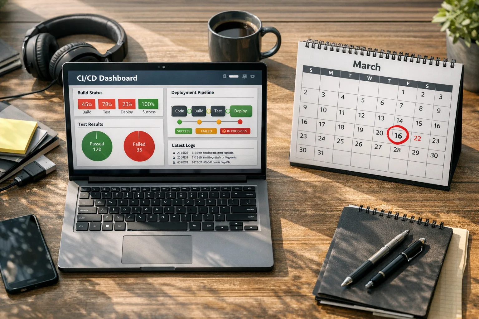 Engineer reviewing CI/CD dashboard with March 16 deadline highlighted