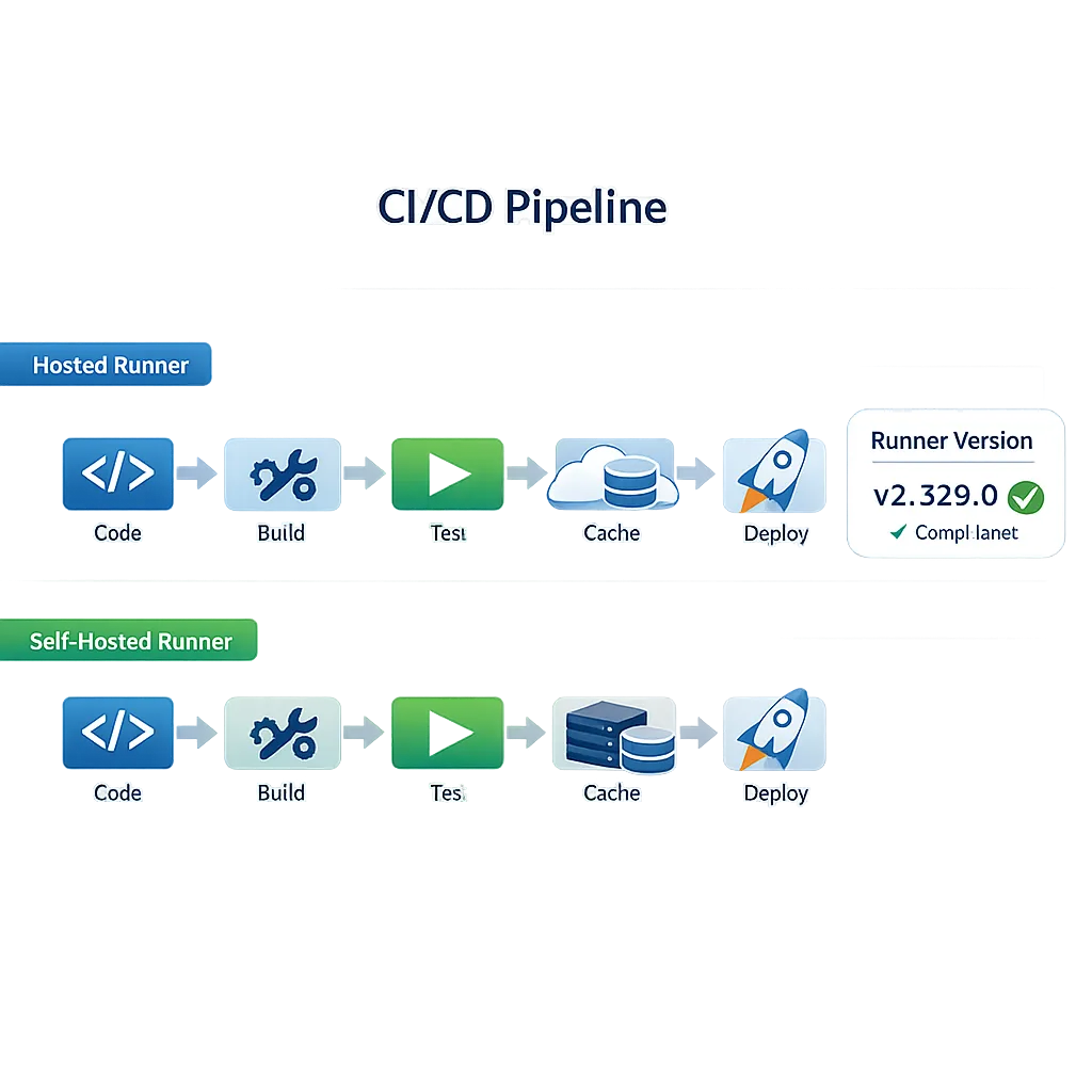 Diagram showing hosted vs self-hosted CI lanes with runner version compliance