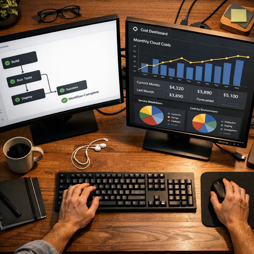 Developer reviewing a CI workflow graph and a cost dashboard side by side