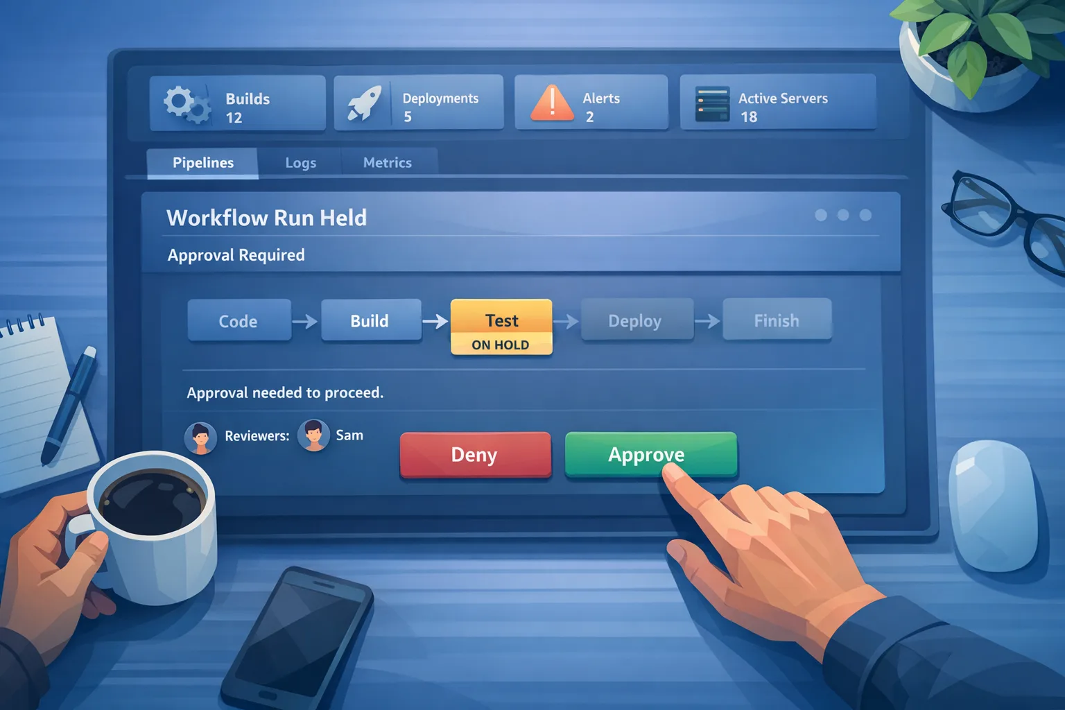 Illustration of a held workflow run awaiting approval in a CI/CD dashboard