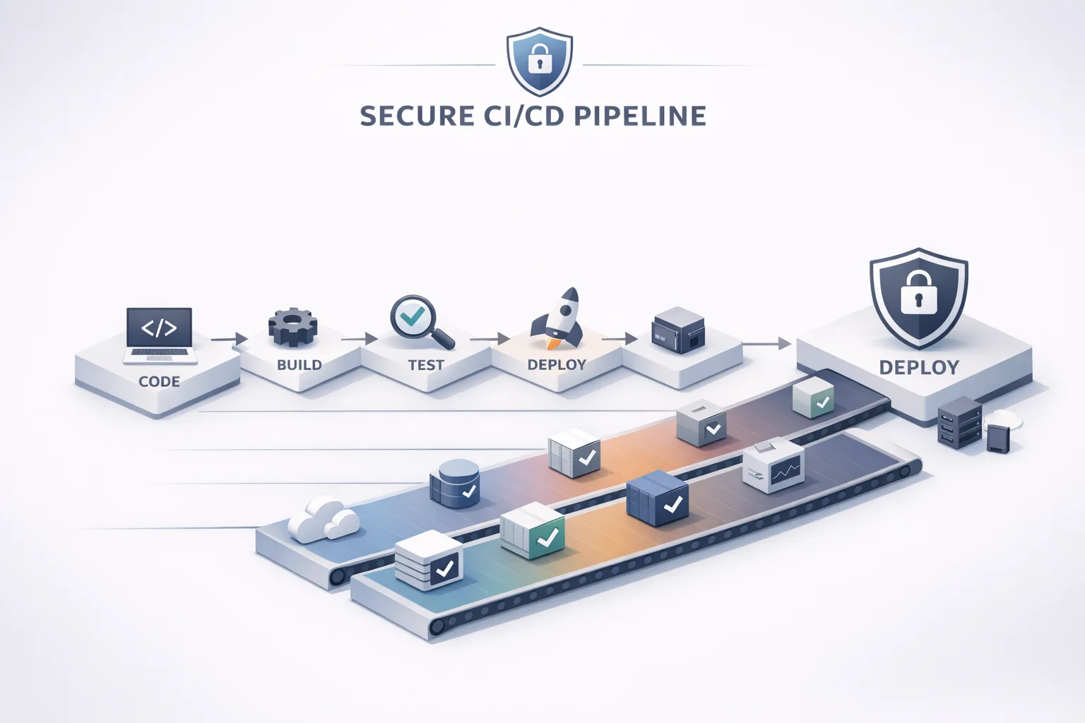 Isometric illustration of a secure CI/CD pipeline with parallel steps