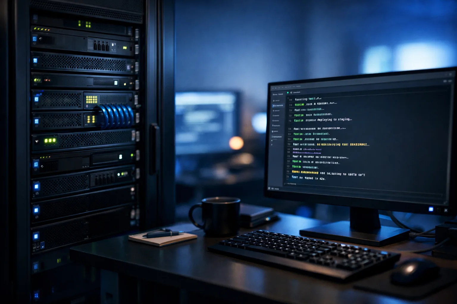 Self-hosted runner workstation with CI logs on screen