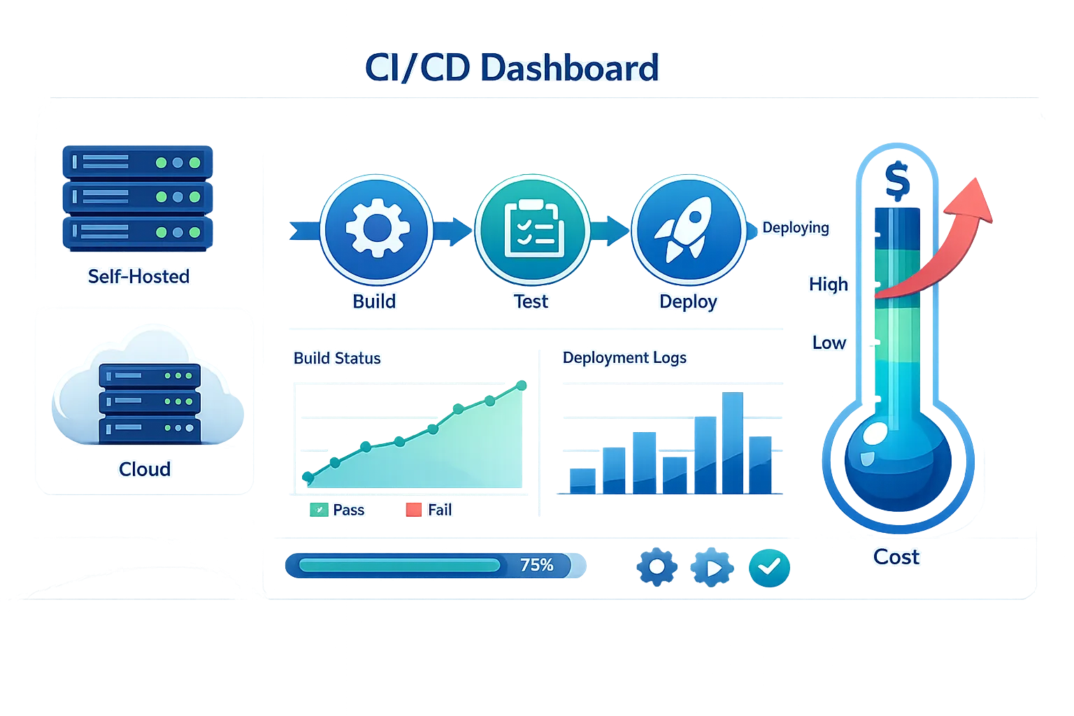 CI/CD dashboard with cost meter and self-hosted servers