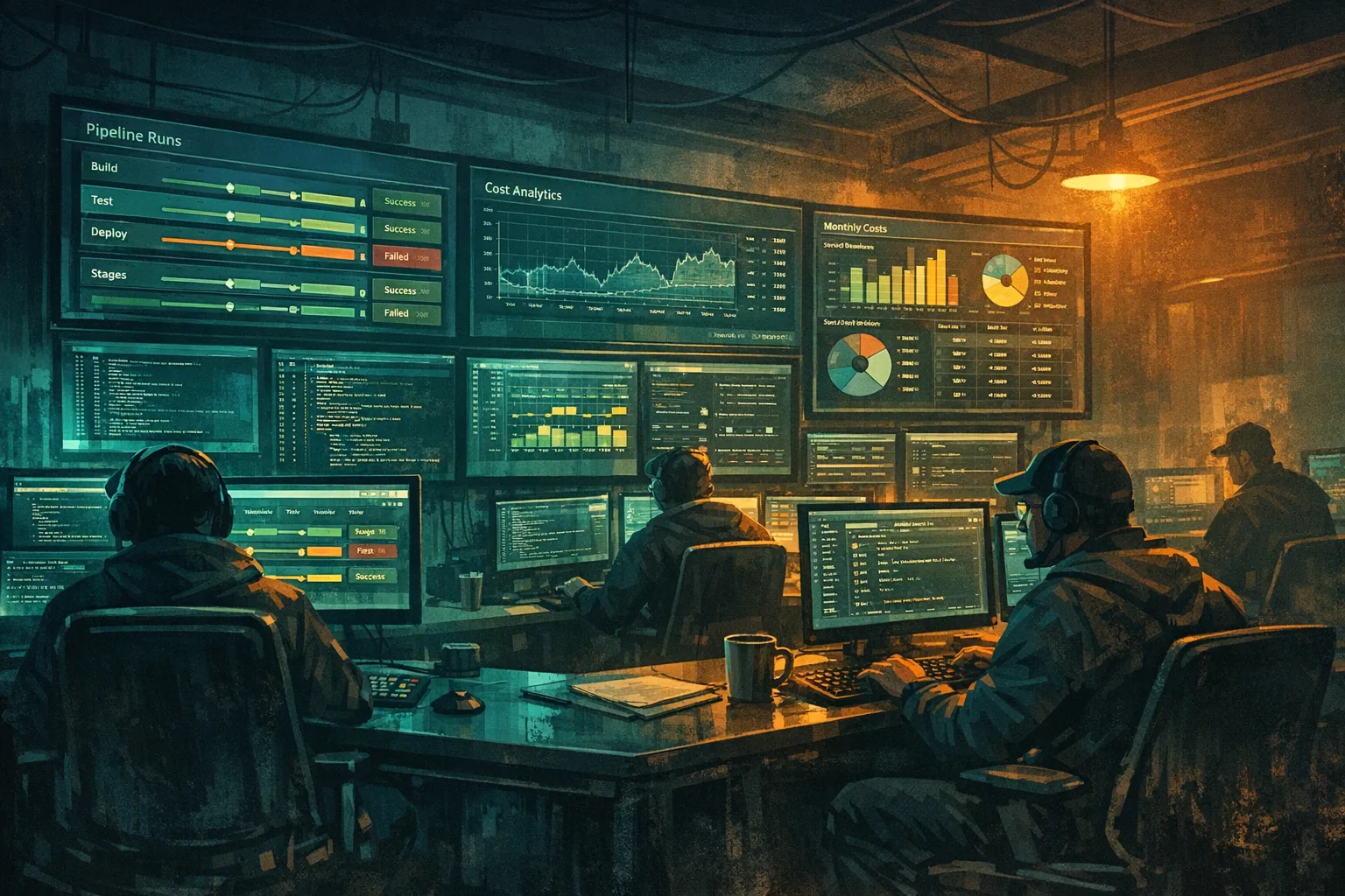 DevOps control room monitoring CI/CD runs and costs
