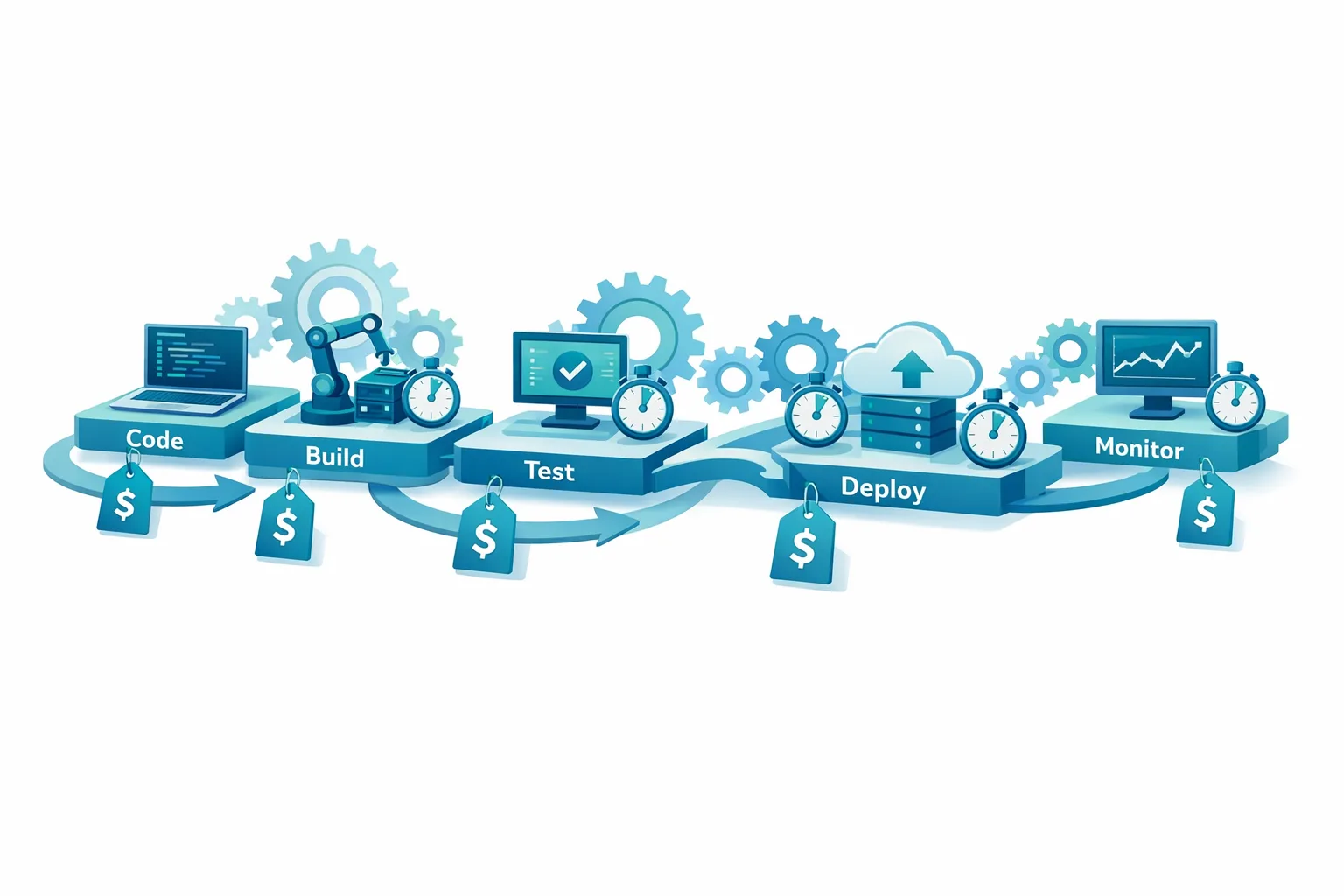 Illustration of CI/CD pipeline stages with timers and cost indicators