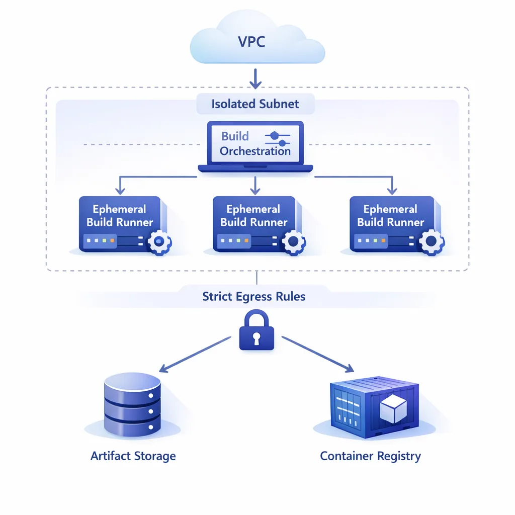 Diagram of ephemeral runners in isolated subnet with controlled egress