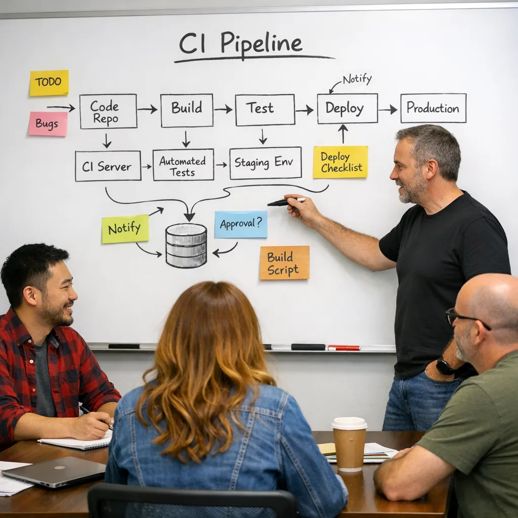 Engineering team planning CI pipeline optimizations on a whiteboard