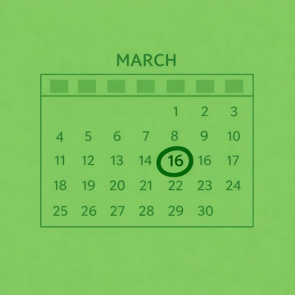 Calendar highlighting March 16 with CI pass badge