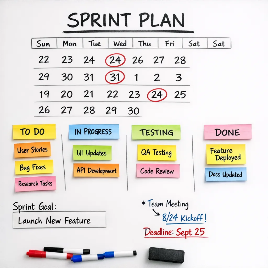 Whiteboard sprint plan highlighting brownout and enforcement dates