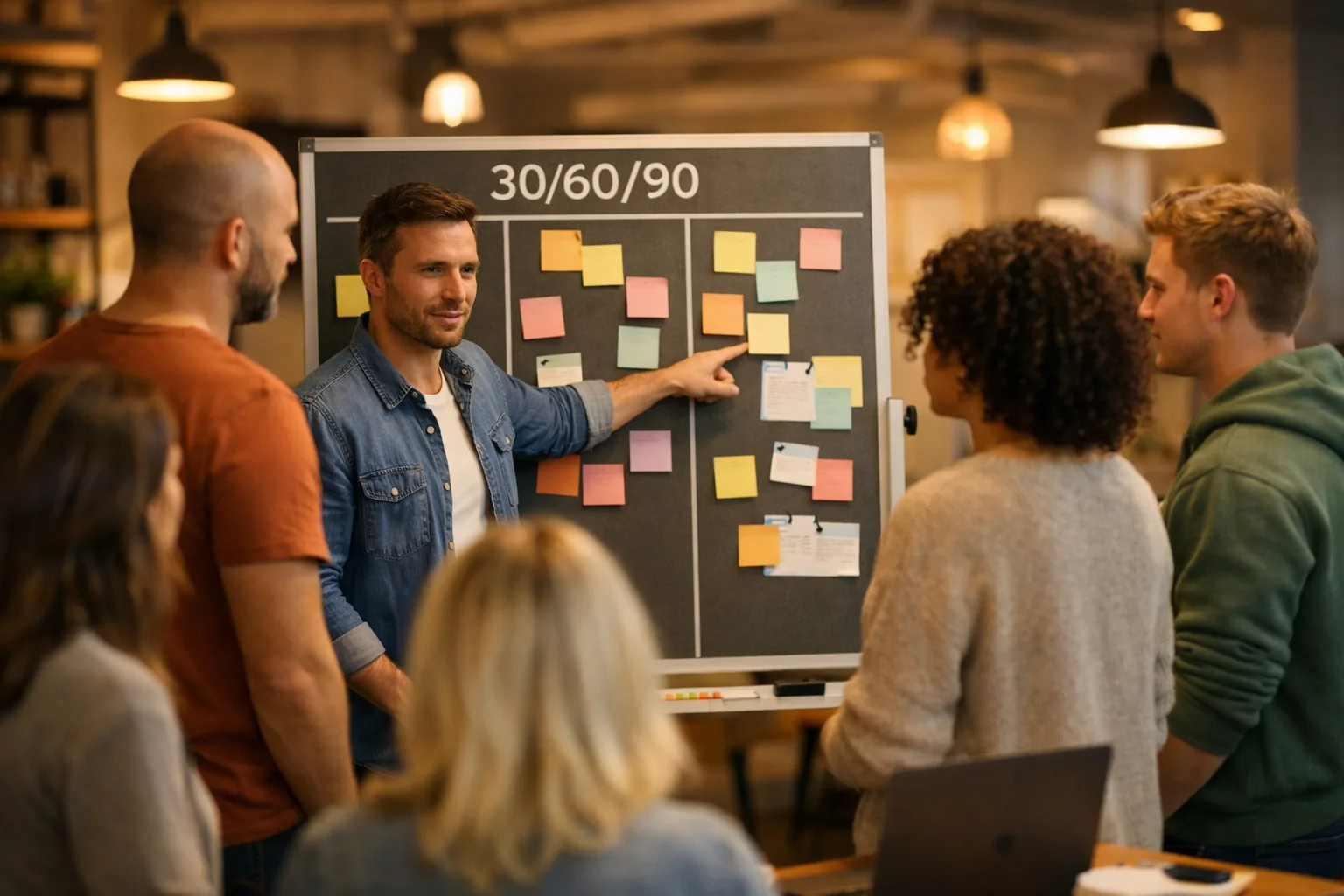 Team reviewing a 30/60/90 roadmap on a Kanban board