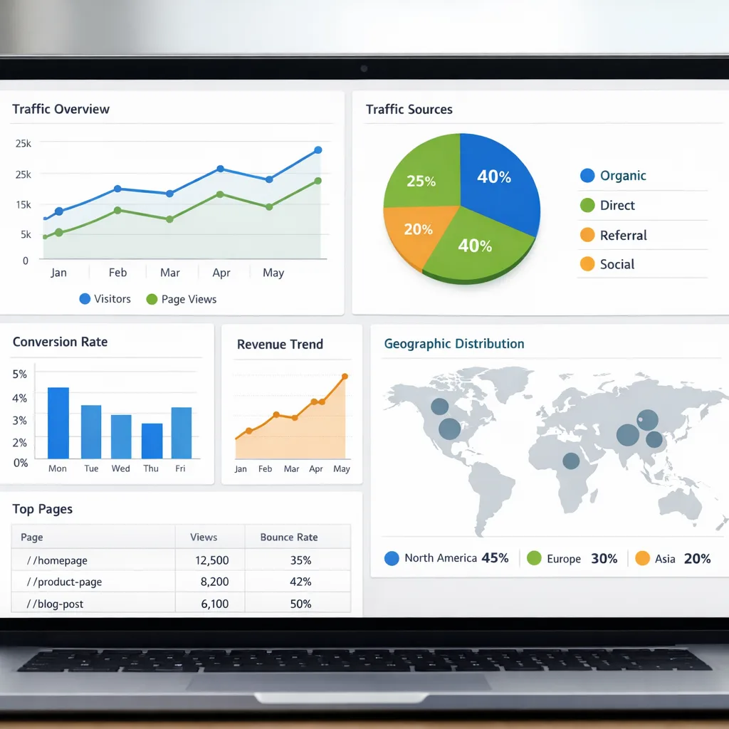 Laptop showing installs and support analytics dashboards